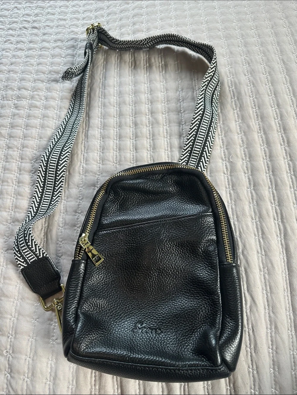 Black faux Leather Crossbody Bag with Patterned Strap